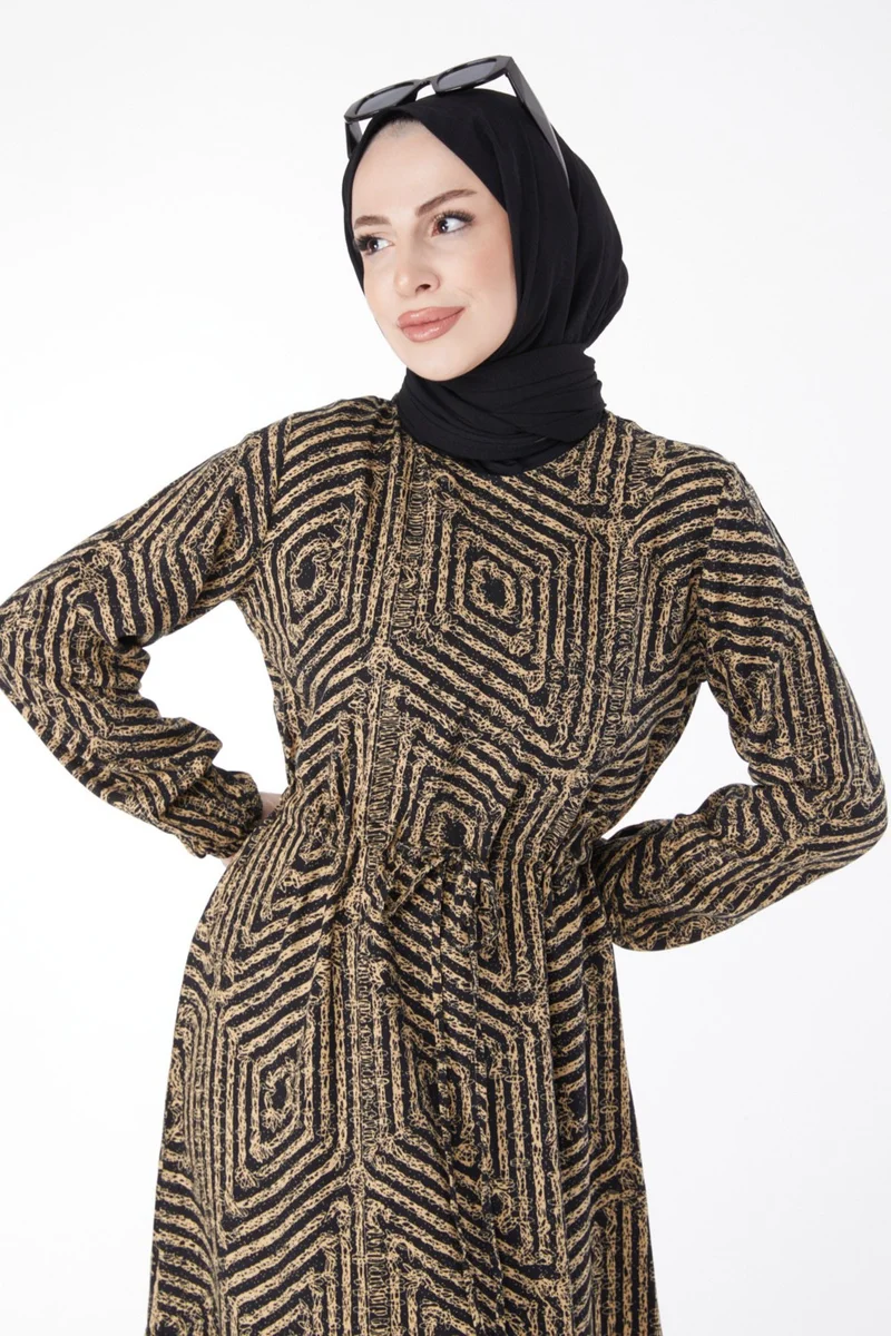 Tofisa Plain Crew Neck Women's Tan Patterned Dress - 25121