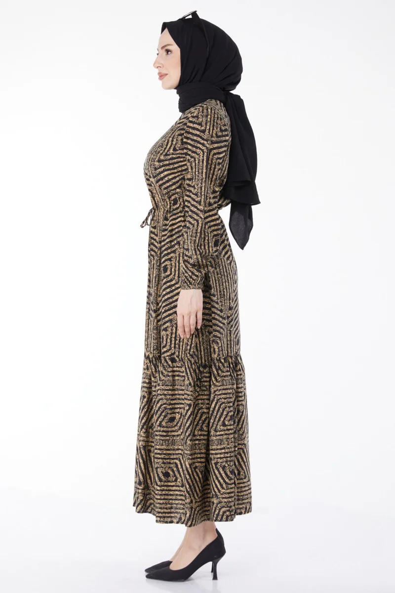 Tofisa Plain Crew Neck Women's Tan Patterned Dress - 25121