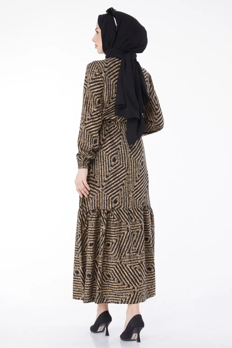 Tofisa Plain Crew Neck Women's Tan Patterned Dress - 25121