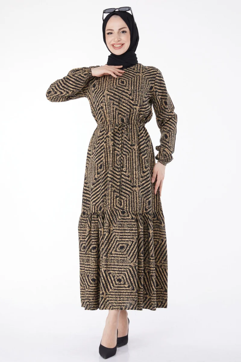 Tofisa Plain Crew Neck Women's Tan Patterned Dress - 25121
