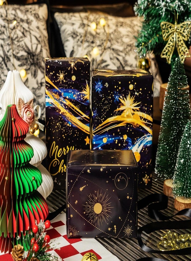 EWES Blue Christmas Wrapping Paper Rolls Set,Aesthetic Elegant Unique Heavy Duty Premium Gift Wrap,Pattern with Galaxy,Universe,Planet,Starry sky,Meteor,Reversible, Total 28.5sq.ft - Image 3