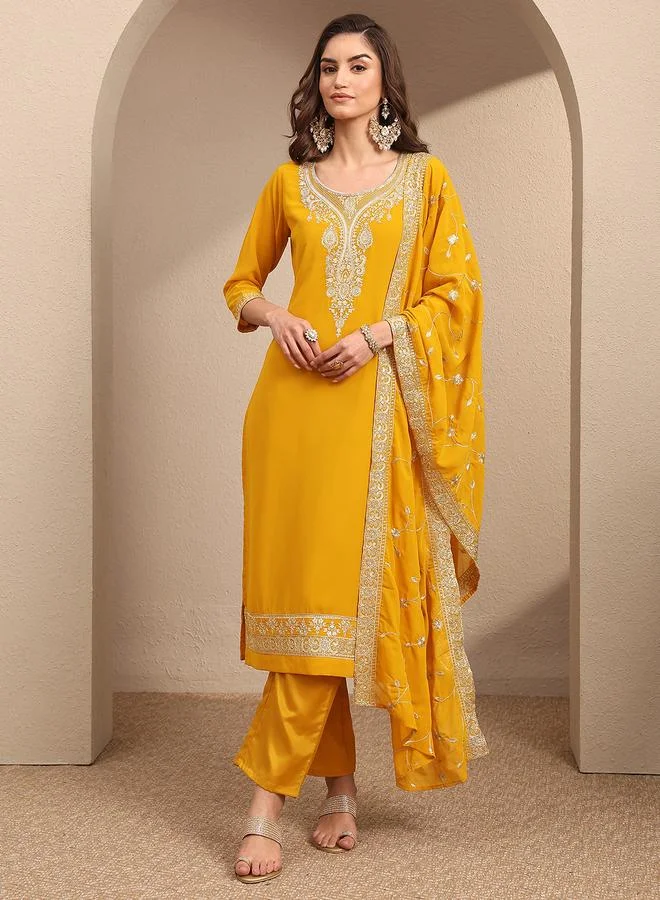 Libas Yellow Yoke Design Georgette Straight Kurta, Trousers And Dupatta Set