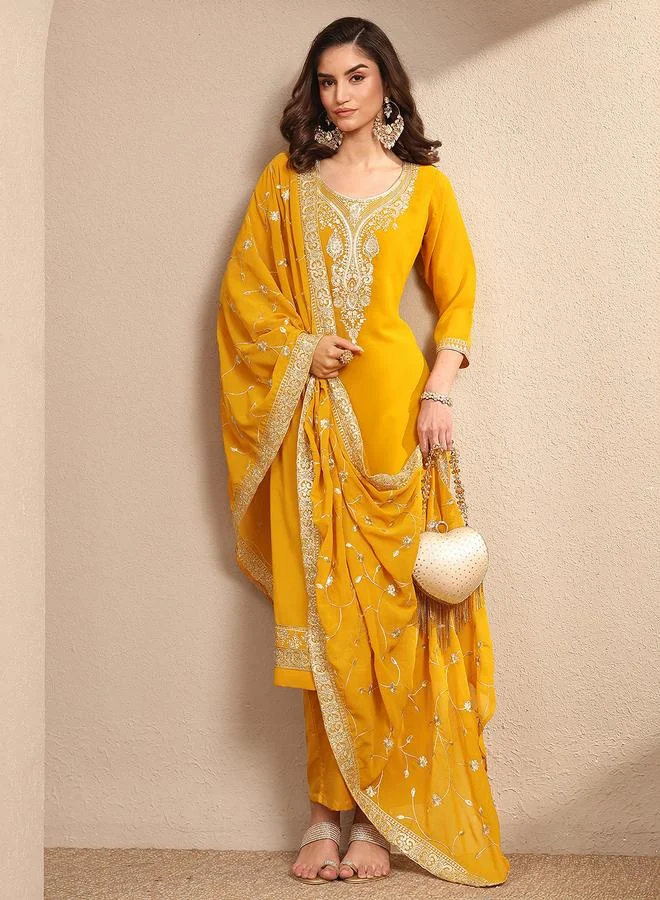 Libas Yellow Yoke Design Georgette Straight Kurta, Trousers And Dupatta Set