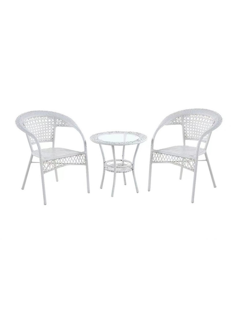 Living - 3-Pieces Patio Rattan Dinning Table Set with Wicker Glass Top Modern Coffee Table Waterproof Set Chairs for Home 56*56 CM - Image 1