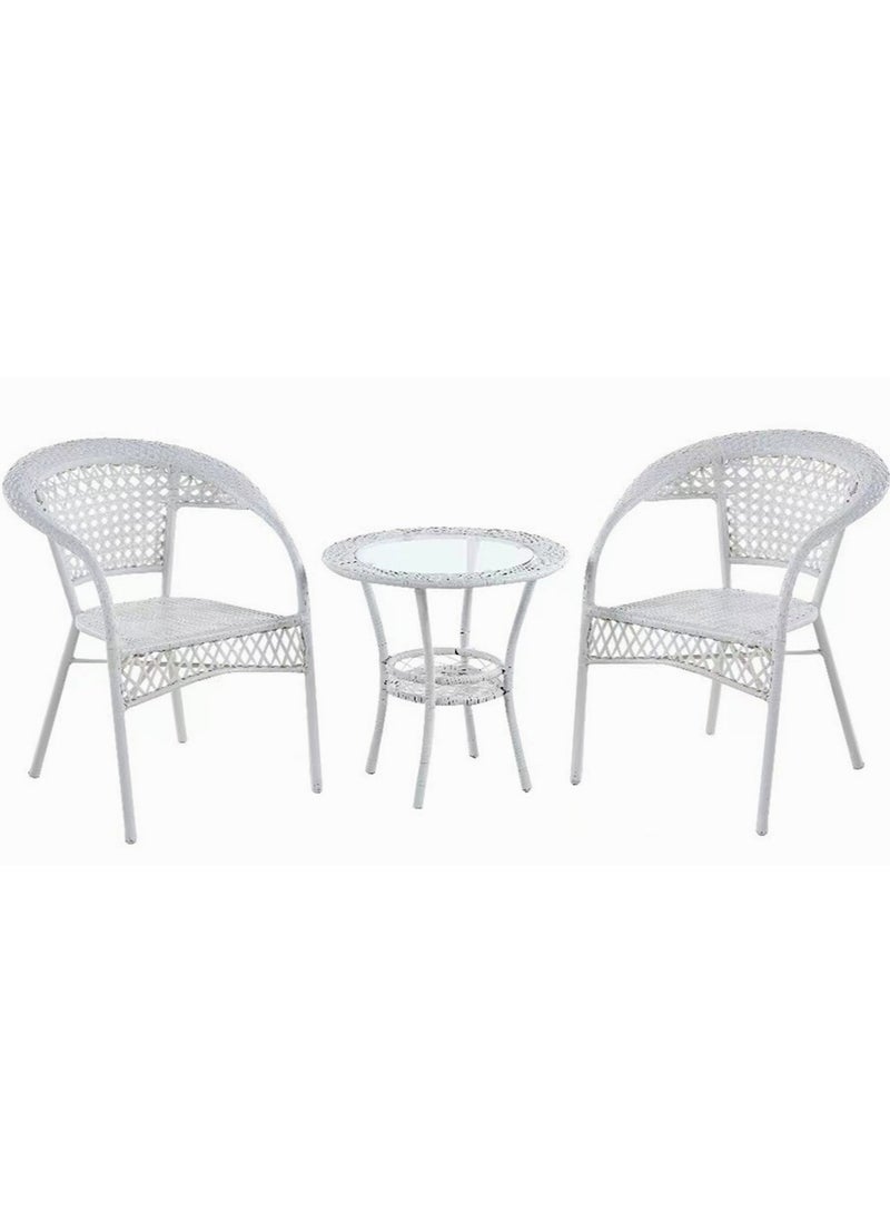 Living - 3-Pieces Patio Rattan Dinning Table Set with Wicker Glass Top Modern Coffee Table Waterproof Set Chairs for Home 56*56 CM - Image 1
