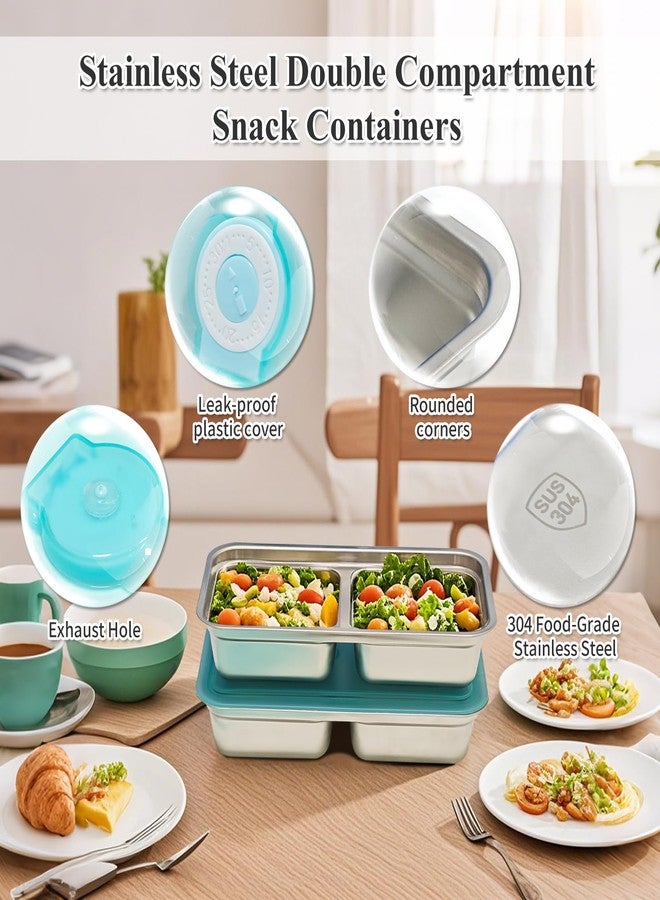 Eeaivnm Snack Containers,Reusable Stainless Steel Double Compartment Snack Containers Bento Box with Clear Lids for Travel,Camping,Work-Leakproof Food Storage Containers for Dips,Outdoor Activities(2 PCS) - Image 2