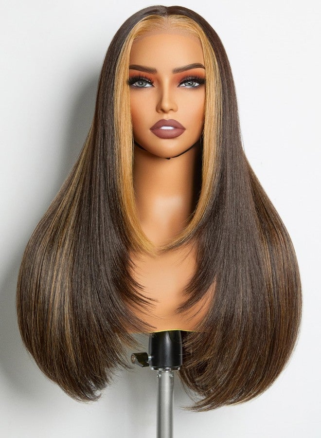 GORGIUS Dark Brown with Blonde Highlight Lace Wigs Long Straight Layered Wig Pre Cut Glueless Closure Wig Middle Part Ombre Hairstyle Upgraded with Style-Archive Premium Fiber - Image 1