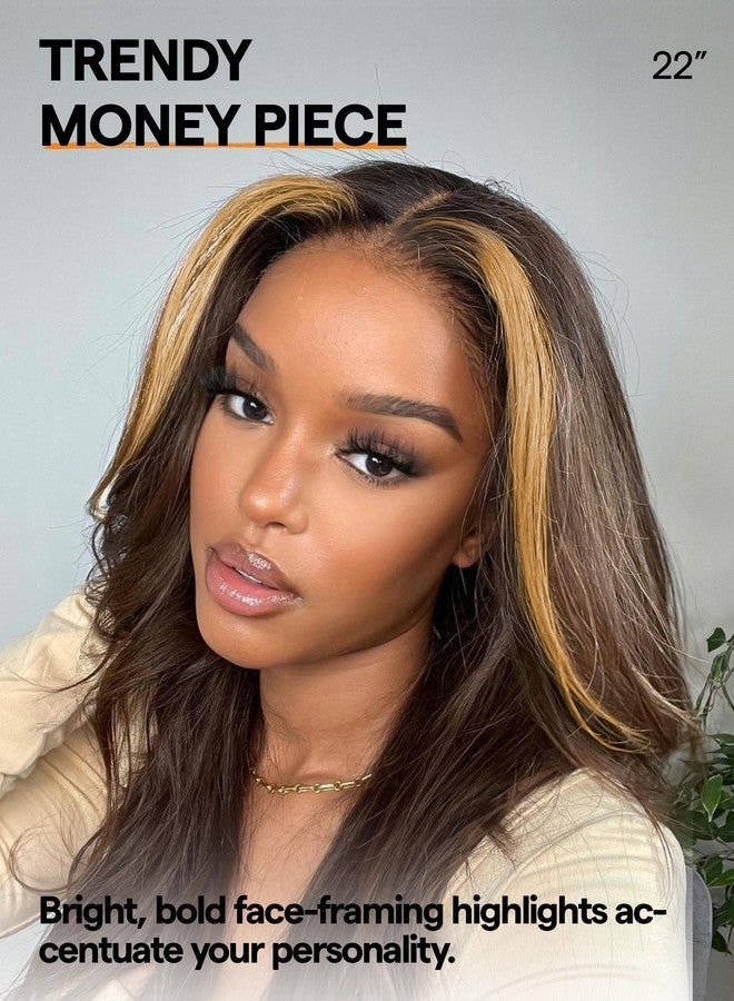 GORGIUS Dark Brown with Blonde Highlight Lace Wigs Long Straight Layered Wig Pre Cut Glueless Closure Wig Middle Part Ombre Hairstyle Upgraded with Style-Archive Premium Fiber - Image 2
