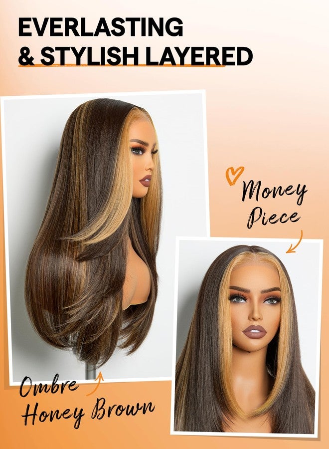 GORGIUS Dark Brown with Blonde Highlight Lace Wigs Long Straight Layered Wig Pre Cut Glueless Closure Wig Middle Part Ombre Hairstyle Upgraded with Style-Archive Premium Fiber - Image 4