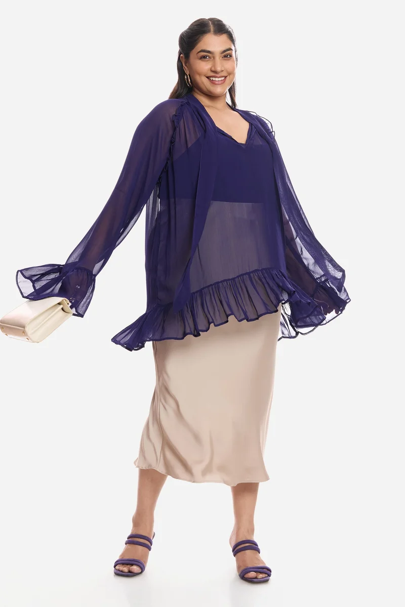 فيرجيو Solid Viscose Sheer Ruffled Plus Size Top And Inner Cami for Women