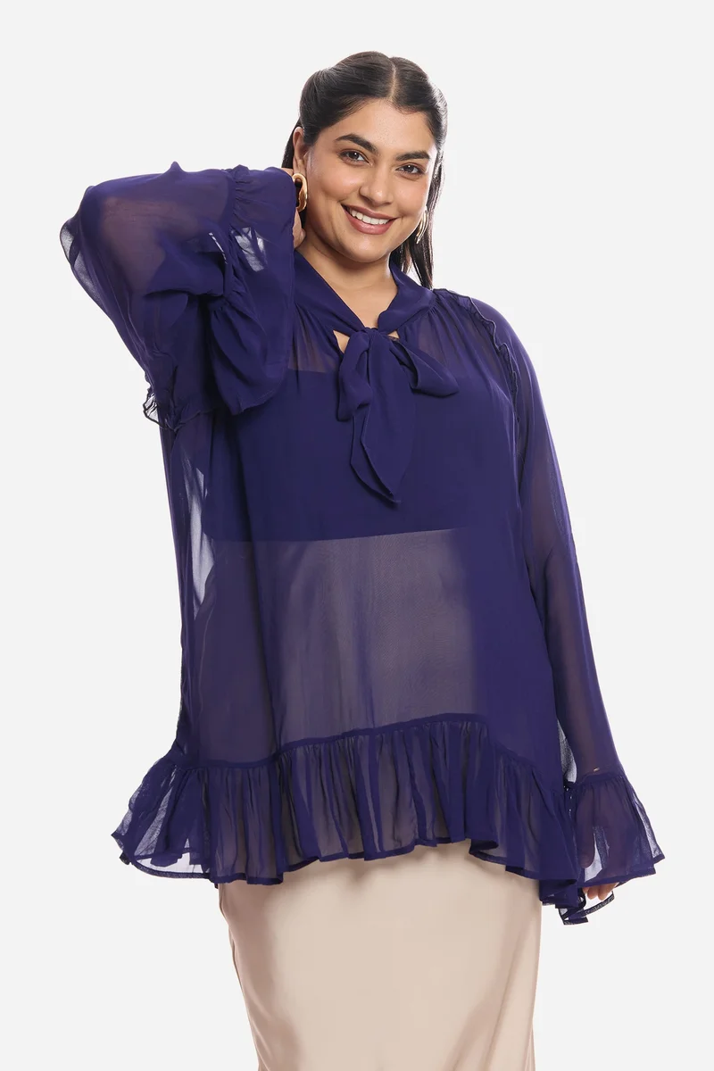 فيرجيو Solid Viscose Sheer Ruffled Plus Size Top And Inner Cami for Women