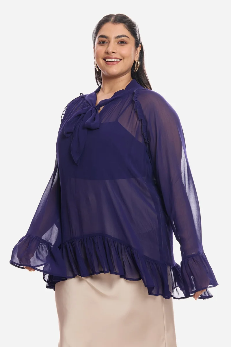 Virgio  Solid Viscose Sheer Ruffled Plus Size Top And Inner Cami for Women for Women | Best Price UAE