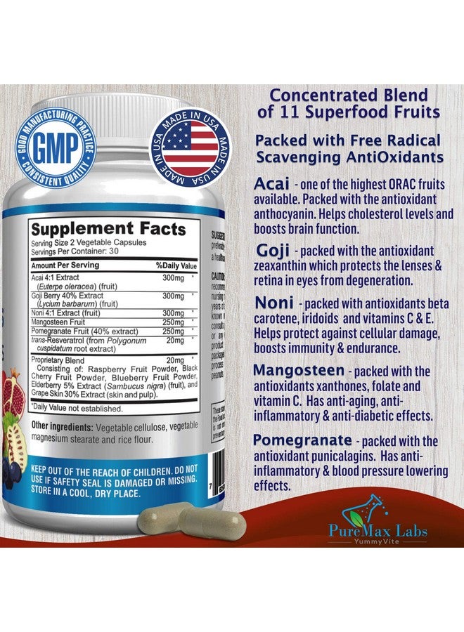 YUMMYVITE Super Antioxidant Fruit Superfood Complex Powerful Antioxidant Superfruits Acai Goji Noni Mangosteen Pomegranate Elderberry Resveratrol Immune Support Skin Care 60 Capsules - Image 3
