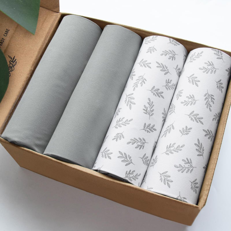 Biloban Mini Crib Sheets 4 Pack for Baby Boys & Girls, Neutral Mini Crib Sheet Fitted 38'' x 24'' for Standard Mini Mattress, Ultra Soft Material Baby Sheet, Grey Leaf - Image 1