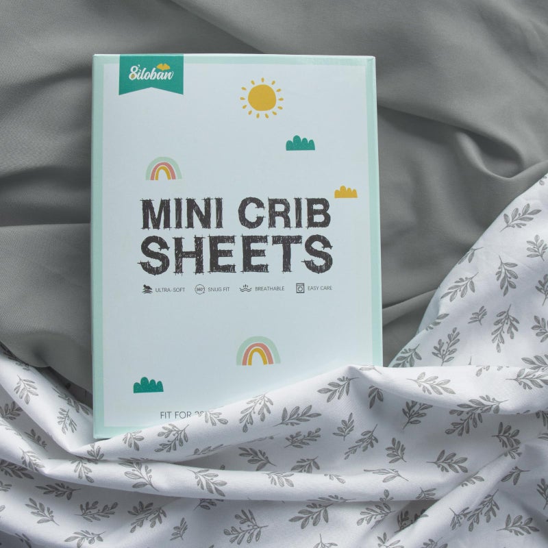 Biloban Mini Crib Sheets 4 Pack for Baby Boys & Girls, Neutral Mini Crib Sheet Fitted 38'' x 24'' for Standard Mini Mattress, Ultra Soft Material Baby Sheet, Grey Leaf - Image 2