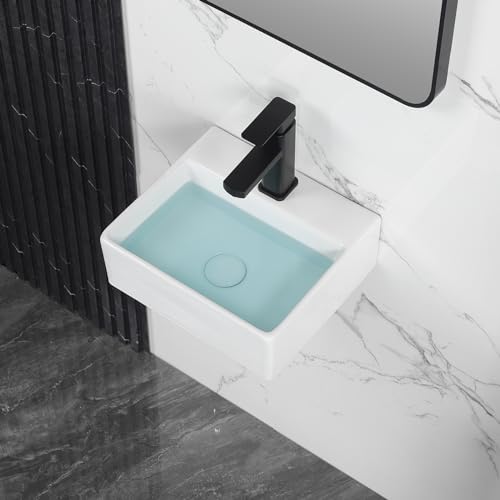 KARAMAG Small Vessel Sink 13"x11" Wall Mount Bathroom Sink Rectangular White Porcelain Ceramic Mini Floating Tiny Bathroom Wall Mounted RV Sink - Image 1