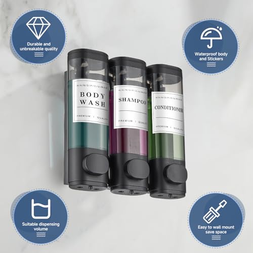 Cabo Deseado Shampoo and Conditioner Dispenser Shower Dispenser Body Wash Wall Mounted Shampoo Dispenser for Shower Wall No Drill for Bathroom Hotel 3 Chamber x 300ml Black with Waterproof Labels - Image 4