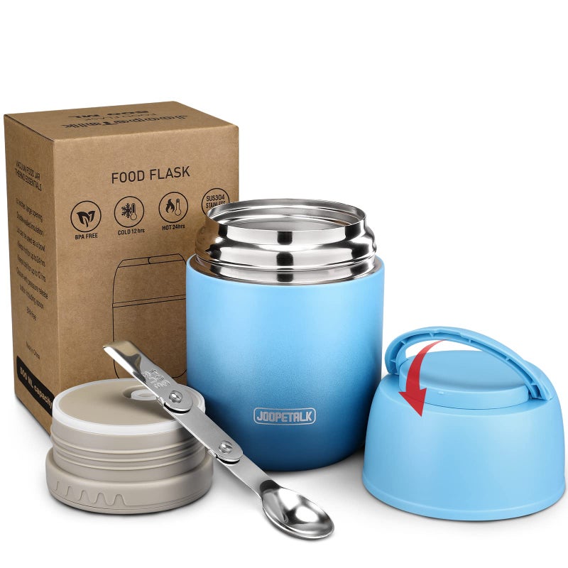 JOOPETALK 17 oz Insulated Lunch Containers Hot Food Jar Wide Mouth Vacuum Stainless Steel Thermo Lunch Box with Handle and Folding Spoon Blue