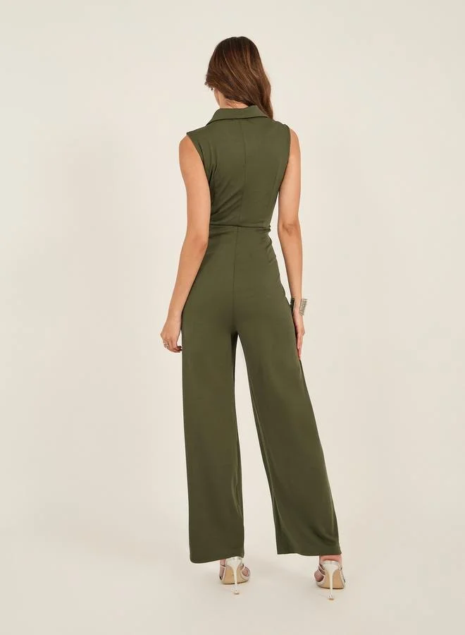 Styli Notch Label Collar Sleeveless Wrap Jumpsuit