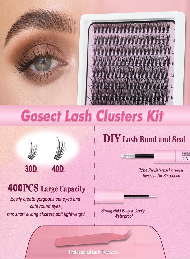 GOSECT Lash Extension Kit DIY 400pcs Lash Clusters Eyelash Extension Kit,Individual Lashes Kit with Lash Bond and Seal, Lash Tweezers for Self Use (30D&40D, 400pcs, 8-16mm, Kit) - Image 2