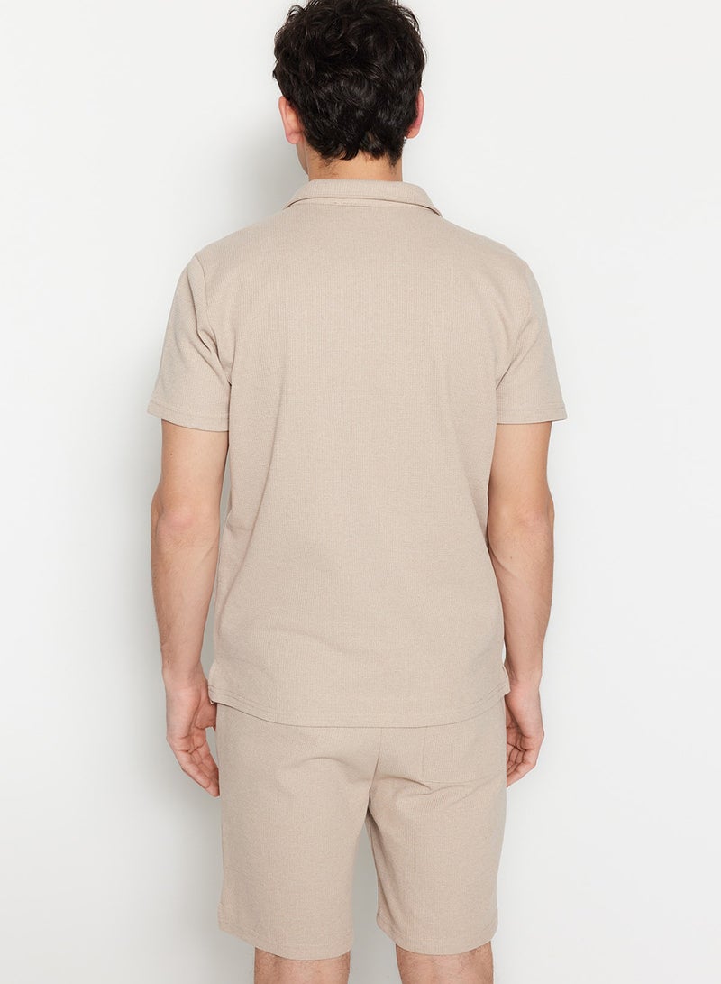 trendyol Camel Regular/Normal Cut Textured Fabric Label Polo Neck Tracksuit Set Tmnss23Em00003 - Image 5
