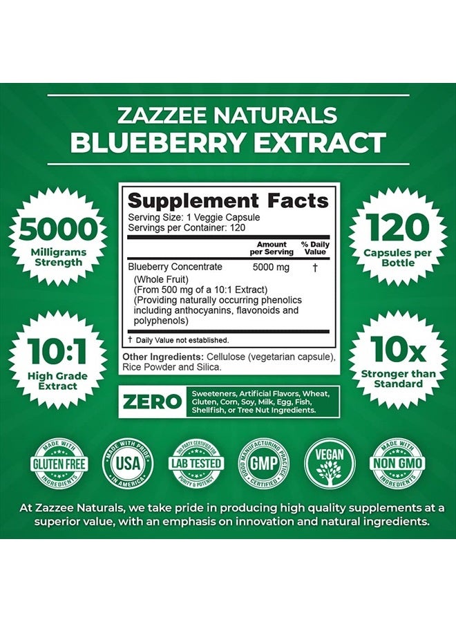 Zazzee Blueberry 10:1 Extract, 5000 mg Strength, 4 Month Supply, 120 Vegan Capsules, Whole Fruit, Potent 10:1 Extract, Vegan, All-Natural and Non-GMO, Made in The USA - Image 2