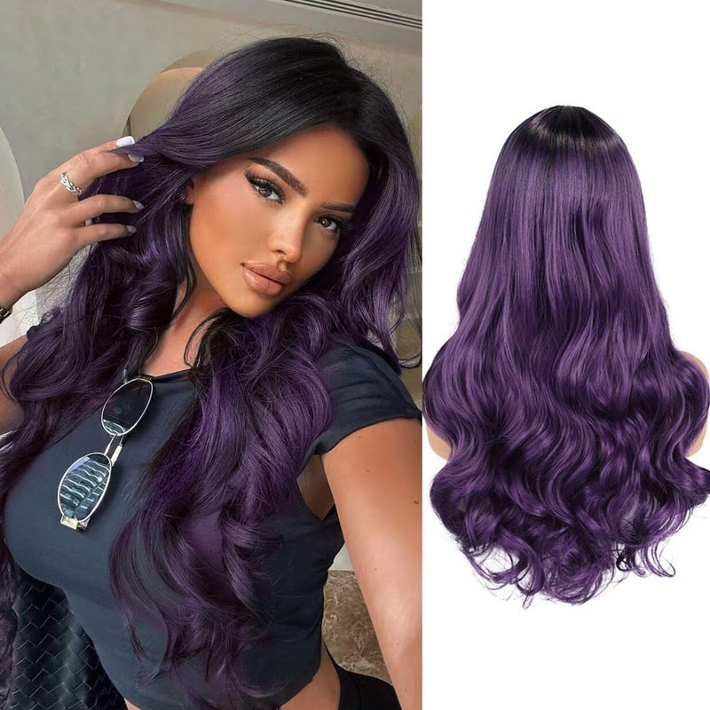 WIGER Purple Wavy Wigs 26 Inch Long Ombre Dark Purple Heat Resistant Synthetic Hair Wig for Women Middle Part Cosplay Party