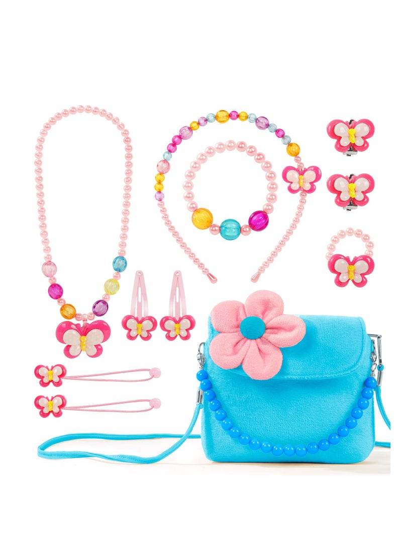 KASTWAVE مجموعة مجوهرات للأطفال ، حقيبة يد زهور محمولة هدية ، حقيبة يد زرقاء للأطفال مع قلادة فراشة وسوار وخواتم وأقراط ، ملابس دور الأميرة وإكسسوارات الحفلات - Image 1