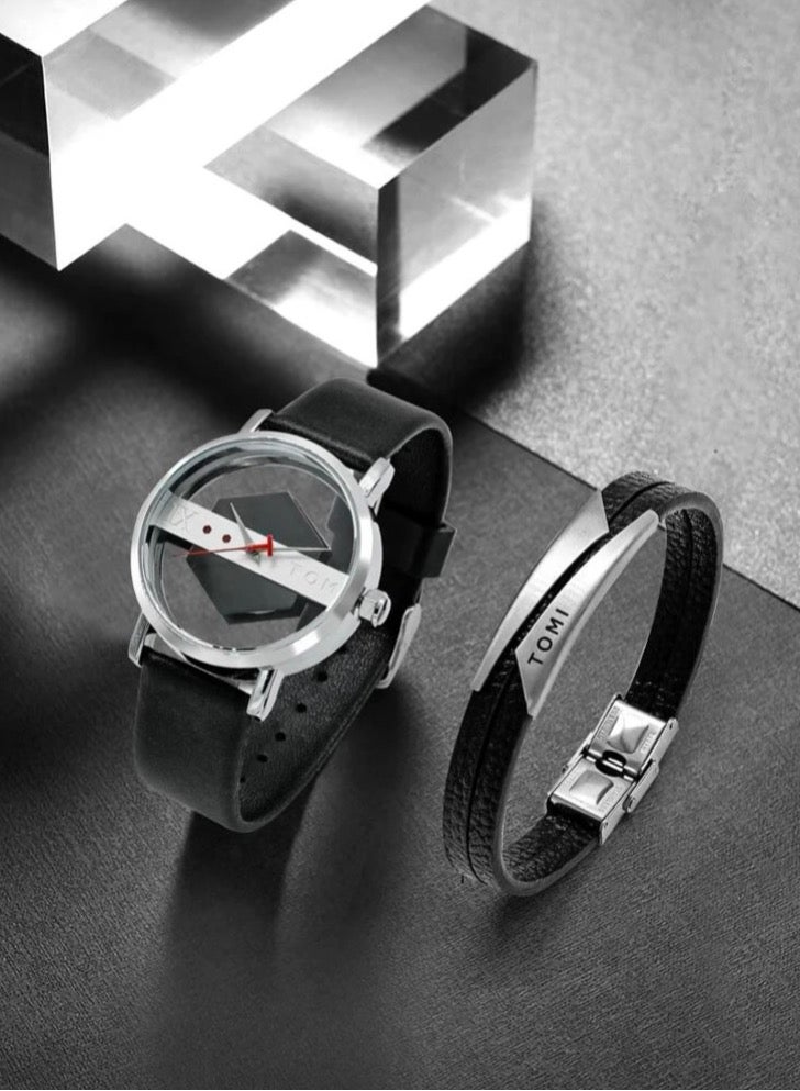 TOMI Elegant Unisex Black And Silver Leather Watch From Tomi With A Leather Strap - Image 2