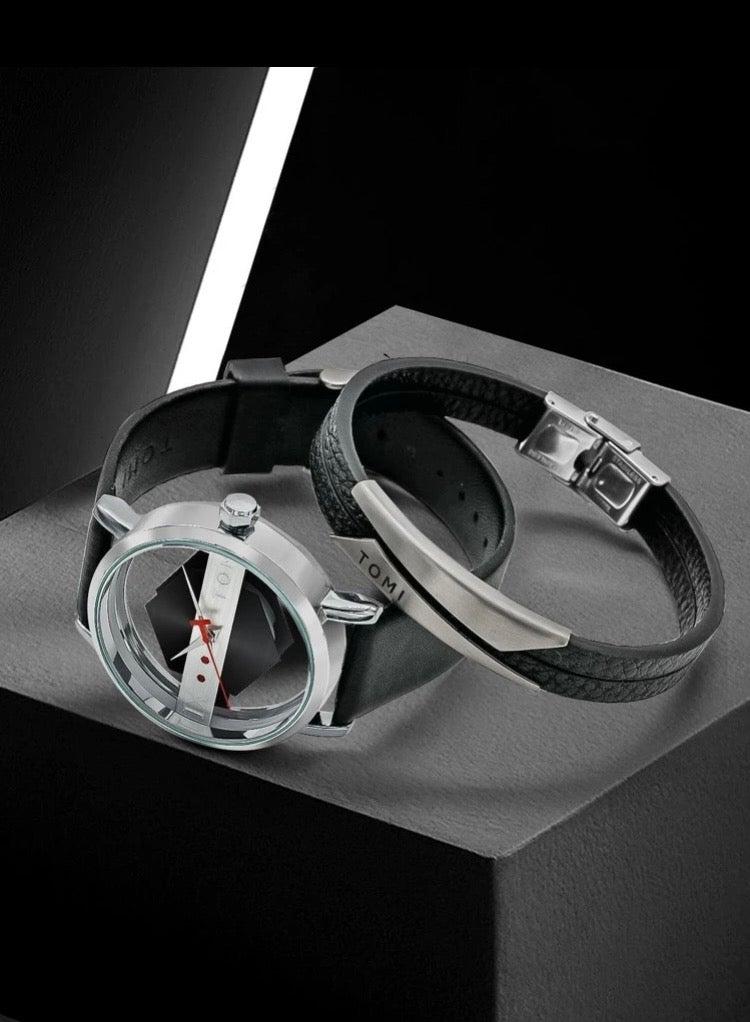 TOMI Elegant Unisex Black And Silver Leather Watch From Tomi With A Leather Strap - Image 3