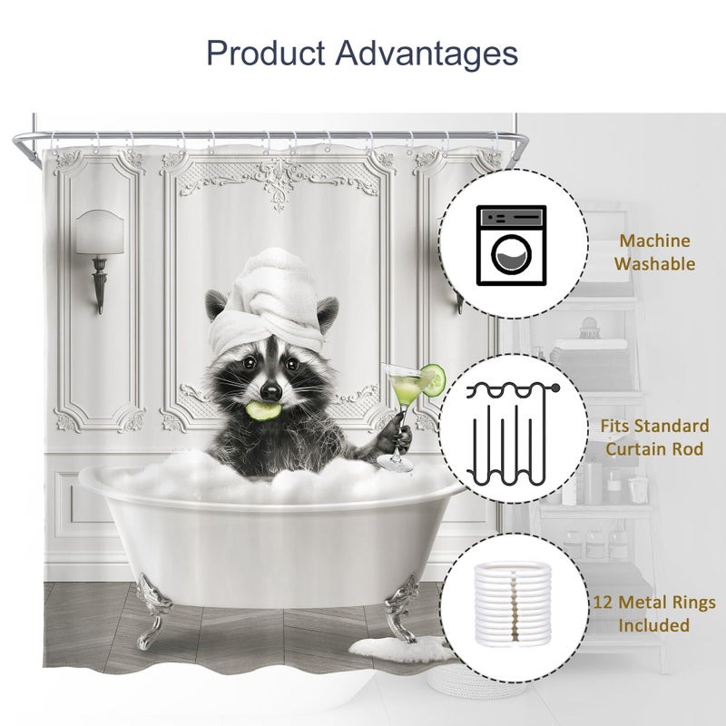AMBZEK Funny Raccoon Shower Curtain 72Wx72L Inch Black White Animal Bathing in Bathtub Hilarious Cute Vintage Modern Artwork Cloth Fabric Waterproof Polyester Bathroom Decor Set with 12 Pack Hooks - Image 5
