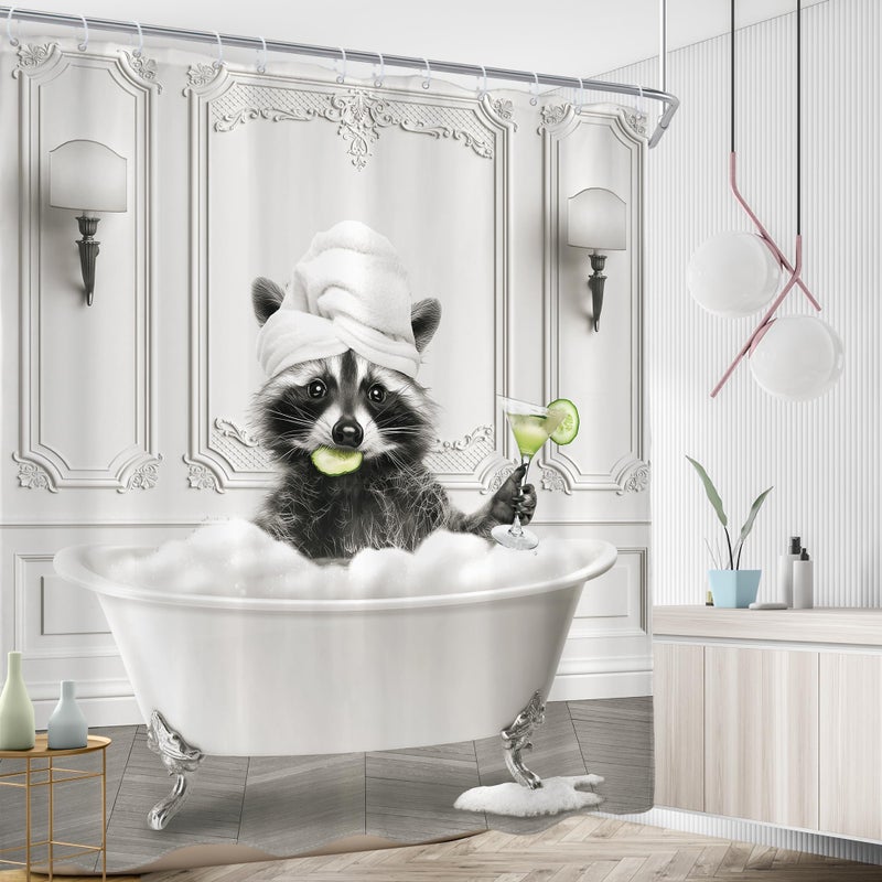 AMBZEK Funny Raccoon Shower Curtain 72Wx72L Inch Black White Animal Bathing in Bathtub Hilarious Cute Vintage Modern Artwork Cloth Fabric Waterproof Polyester Bathroom Decor Set with 12 Pack Hooks - Image 3