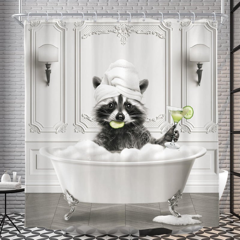 AMBZEK Funny Raccoon Shower Curtain 72Wx72L Inch Black White Animal Bathing in Bathtub Hilarious Cute Vintage Modern Artwork Cloth Fabric Waterproof Polyester Bathroom Decor Set with 12 Pack Hooks - Image 1