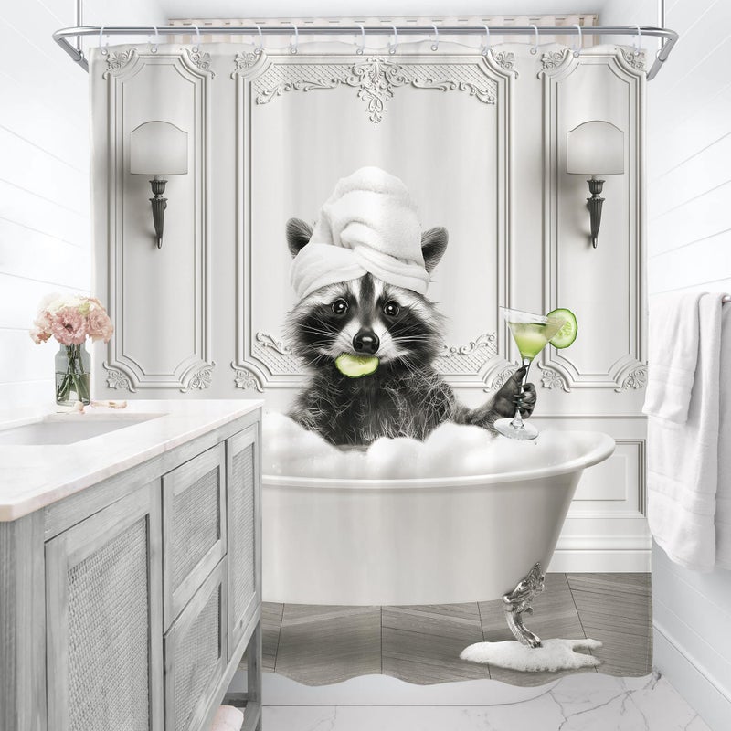 AMBZEK Funny Raccoon Shower Curtain 72Wx72L Inch Black White Animal Bathing in Bathtub Hilarious Cute Vintage Modern Artwork Cloth Fabric Waterproof Polyester Bathroom Decor Set with 12 Pack Hooks - Image 4