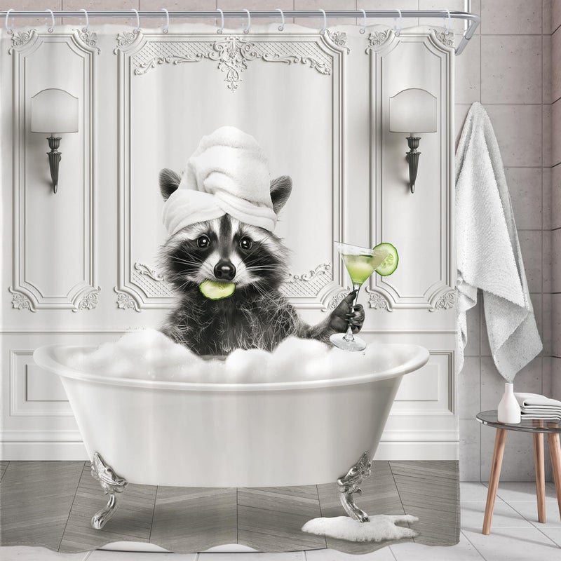 AMBZEK Funny Raccoon Shower Curtain 72Wx72L Inch Black White Animal Bathing in Bathtub Hilarious Cute Vintage Modern Artwork Cloth Fabric Waterproof Polyester Bathroom Decor Set with 12 Pack Hooks - Image 2