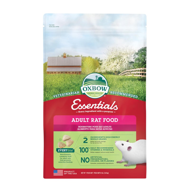 Oxbow Essentials Rat Food, Pet Food for Adult Rats, All-Natural Vitamin & Mineral Rich Formula, Veterinarian Recommended, Oxbow, Rodent Pellets, Made in USA, No Artificials, 3 lb. Bag - Image 1