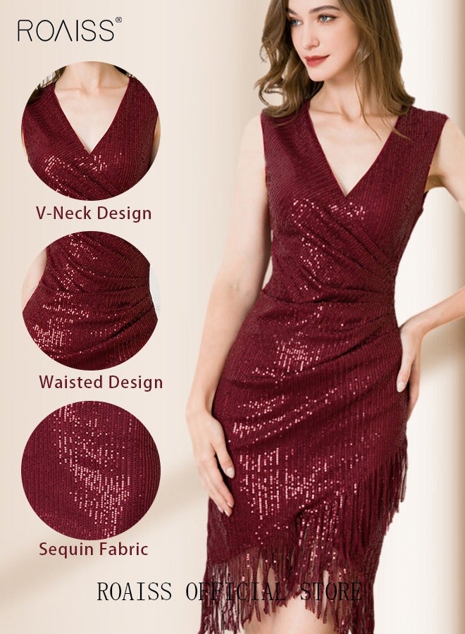 roaiss Banquet Party Dress for Women Evening Dresses V Neck Sequins Knee-Length Sleeveless Prom Ball Gown Wedding Elegant Slim Formal Dresses Bridesmaid Dress  - Image 1
