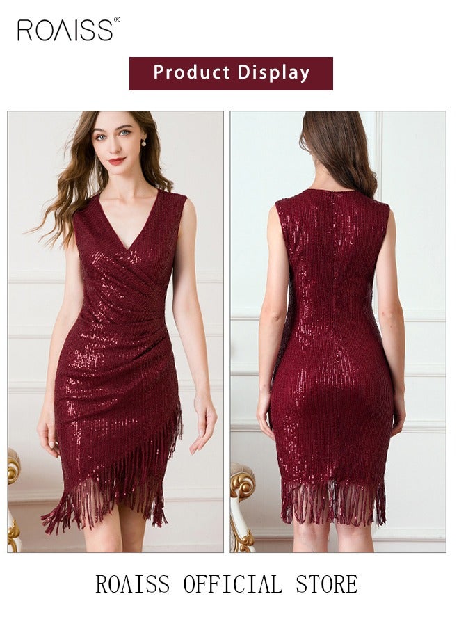 roaiss Banquet Party Dress for Women Evening Dresses V Neck Sequins Knee-Length Sleeveless Prom Ball Gown Wedding Elegant Slim Formal Dresses Bridesmaid Dress  - Image 4