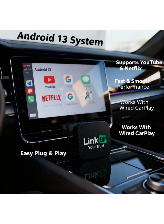 LINKUP CarPlay RAM 4GB transforms your car screen into an Android 13 system, supporting YouTube, Netflix, and Google Maps. It's compatible with wireless, Bluetooth, and wired systems. - Image 3