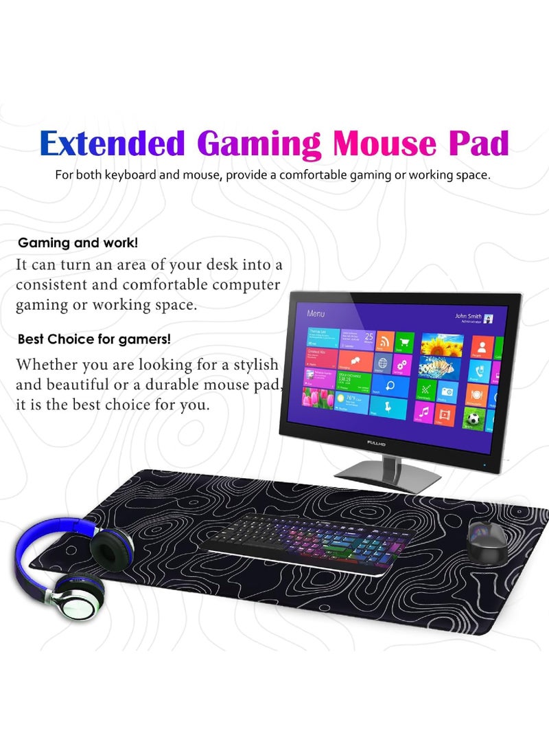 Rock Pow - Topographic Contour Large Gaming Mouse Pad with Stitched Edges Extended Mousepad with Superior Cloth Surface Non-Slip Rubber Base Water Resist Keyboard Pad（800 * 300 * 3mm） - Image 1