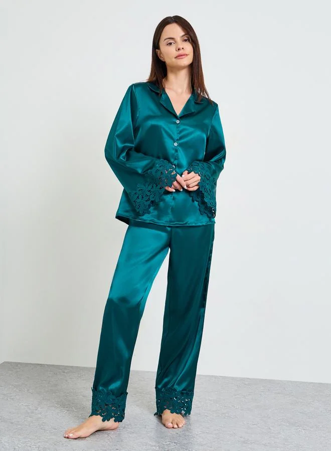 Take Two Turquoise Lace Trim Satin Long Sleeves Shirt and Pants Pajama Set