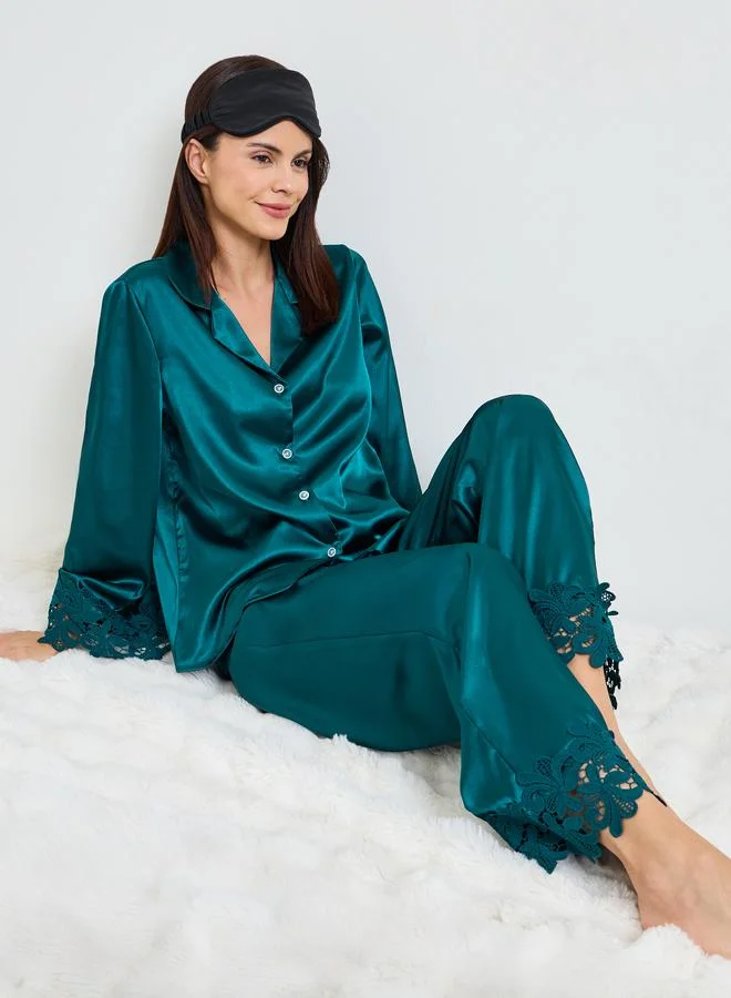 Take Two Turquoise Lace Trim Satin Long Sleeves Shirt and Pants Pajama Set