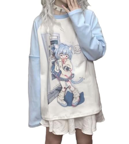 OATSBAS Y2k Aesthetic Detachable Sleeve T-Shirt Women Kawaii Cat Girl Anime Print Cute Sweatshirts Fairycore Streetwear (Medium,Blue) - Image 1