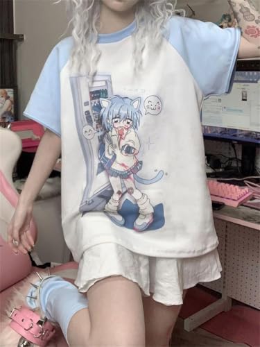 OATSBAS Y2k Aesthetic Detachable Sleeve T-Shirt Women Kawaii Cat Girl Anime Print Cute Sweatshirts Fairycore Streetwear (Medium,Blue) - Image 4