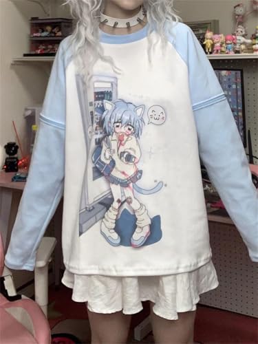 OATSBAS Y2k Aesthetic Detachable Sleeve T-Shirt Women Kawaii Cat Girl Anime Print Cute Sweatshirts Fairycore Streetwear (Medium,Blue) - Image 5
