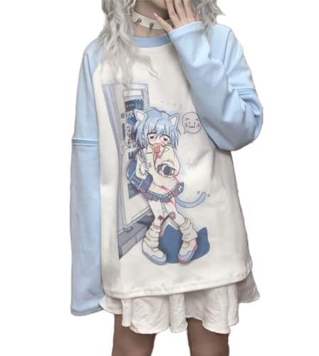OATSBAS Y2k Aesthetic Detachable Sleeve T-Shirt Women Kawaii Cat Girl Anime Print Cute Sweatshirts Fairycore Streetwear (Medium,Blue) - Image 2