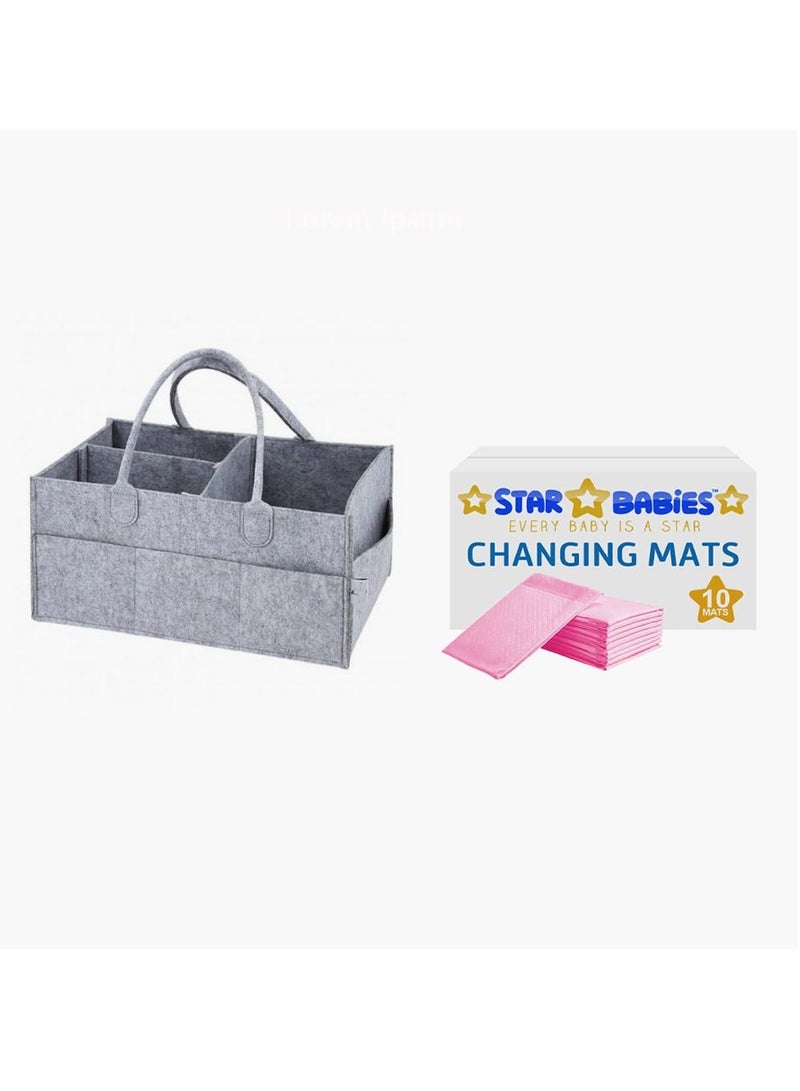 STAR BABiES Caddy diaper bag Grey with Disposables Changing mat 10pcs-Pink  - Image 1