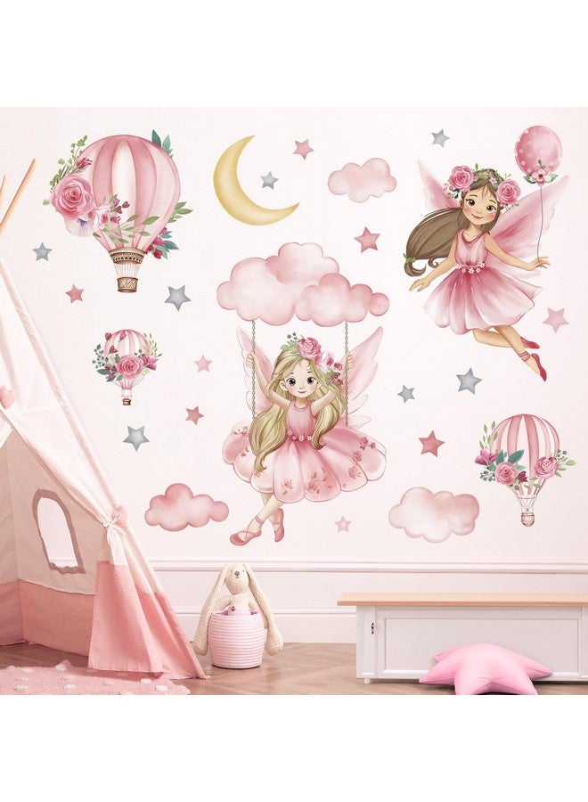 wondever Pink Fairy on Swing Wall Stickers Girl Hot Air Balloon Flowers Peel and Stick Wall Art Decals for Baby Nursery Kids Girls Bedroom - Image 2