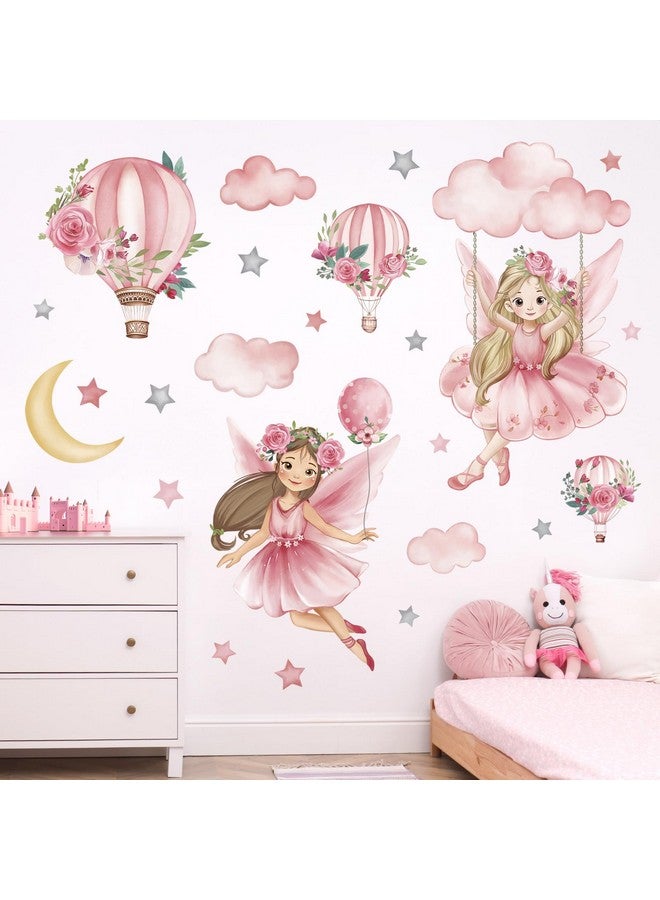 wondever Pink Fairy on Swing Wall Stickers Girl Hot Air Balloon Flowers Peel and Stick Wall Art Decals for Baby Nursery Kids Girls Bedroom - Image 1