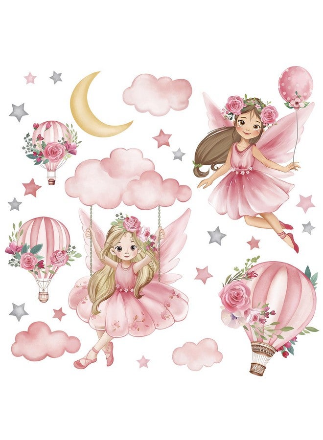wondever Pink Fairy on Swing Wall Stickers Girl Hot Air Balloon Flowers Peel and Stick Wall Art Decals for Baby Nursery Kids Girls Bedroom - Image 4